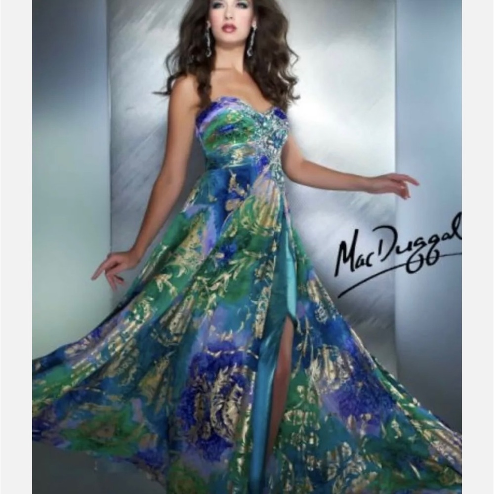 Mac Duggal Strapless Rhinestone Embellished Peacock Gown Dress Size 0